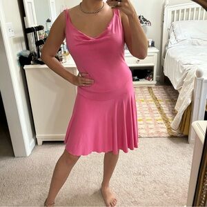 Vintage Y2K Dress L Rave Midi Drop Waist Sleeveless Pink Asymmetrical Cowl Neck